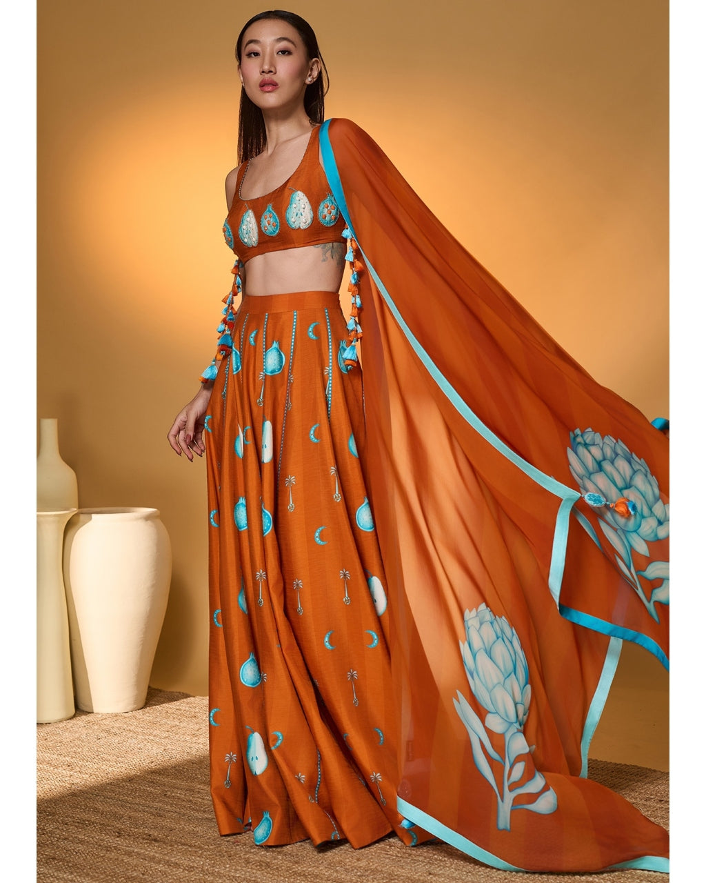 Saffron Sky Striped Lehenga Set