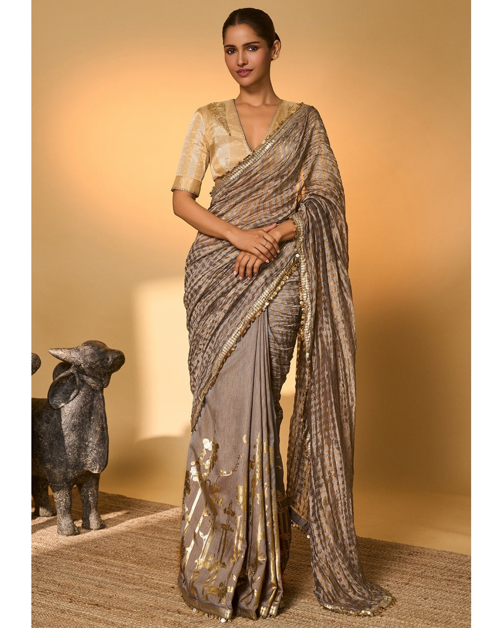Grey Moonfield Zari Stripes Sari