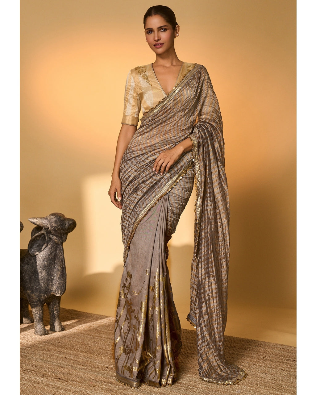 Grey Moonfield Zari Stripes Sari