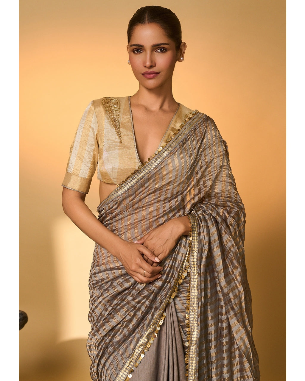 Grey Moonfield Zari Stripes Sari