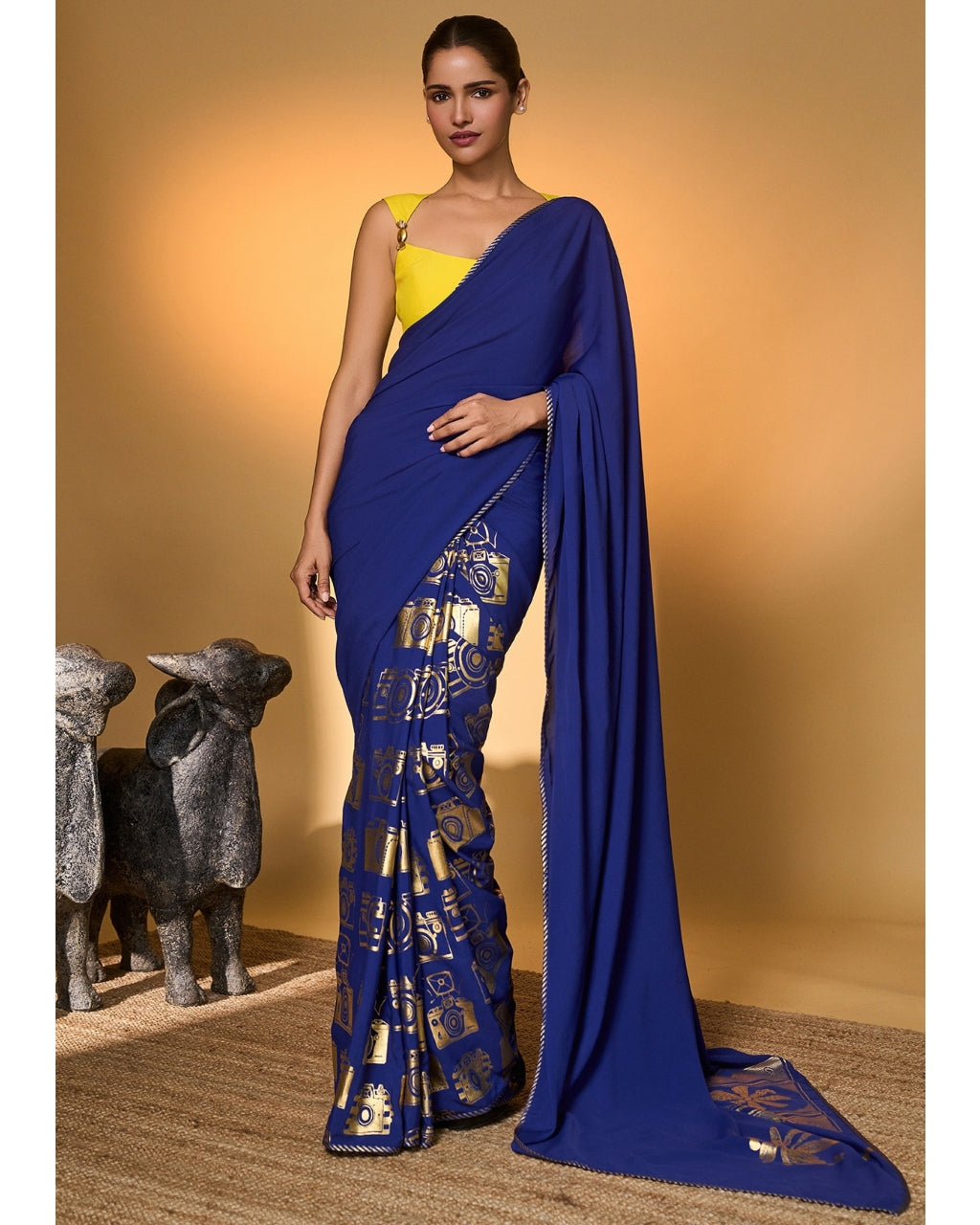 Electric Blue Tropical Camera Sari