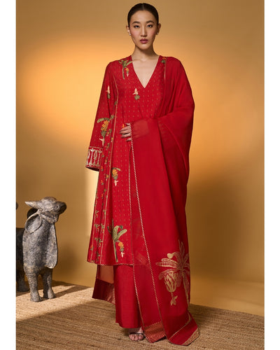 Red Tropical Anarkali Set