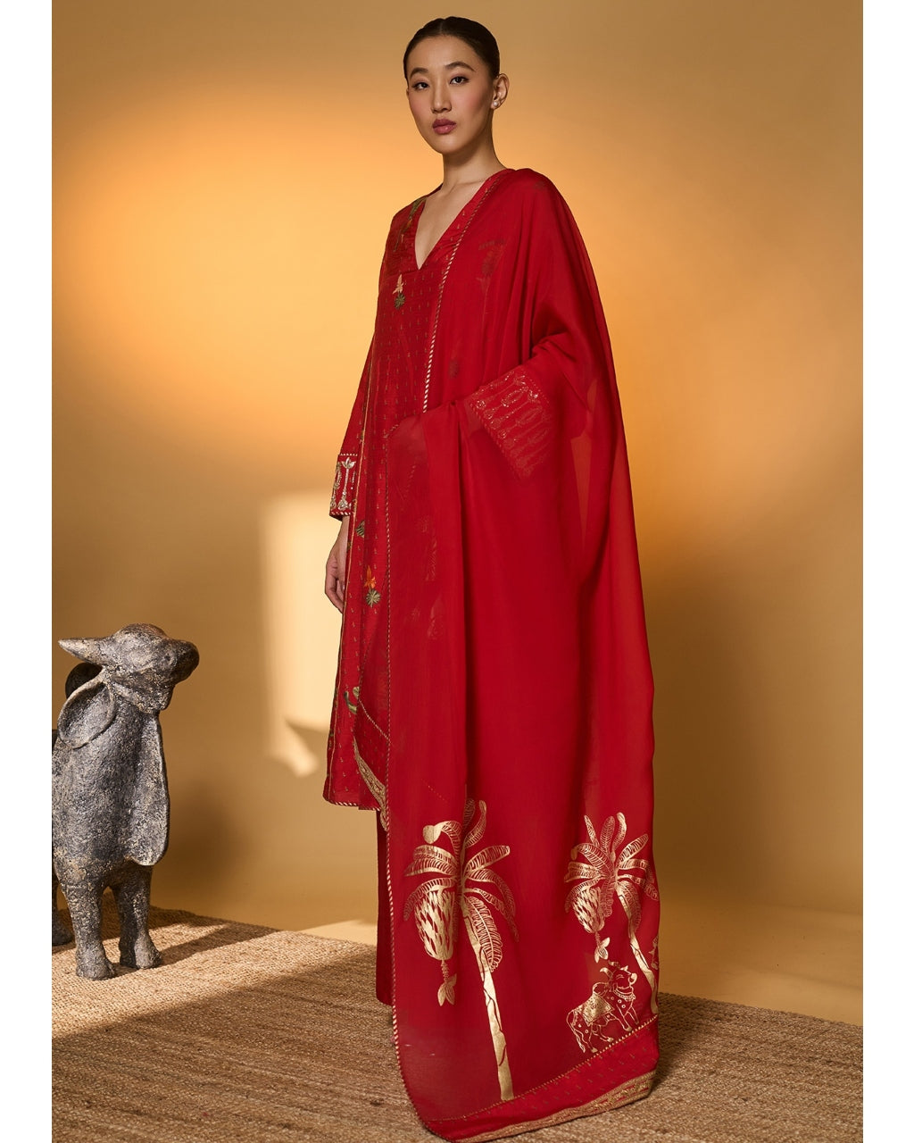 Red Tropical Anarkali Set