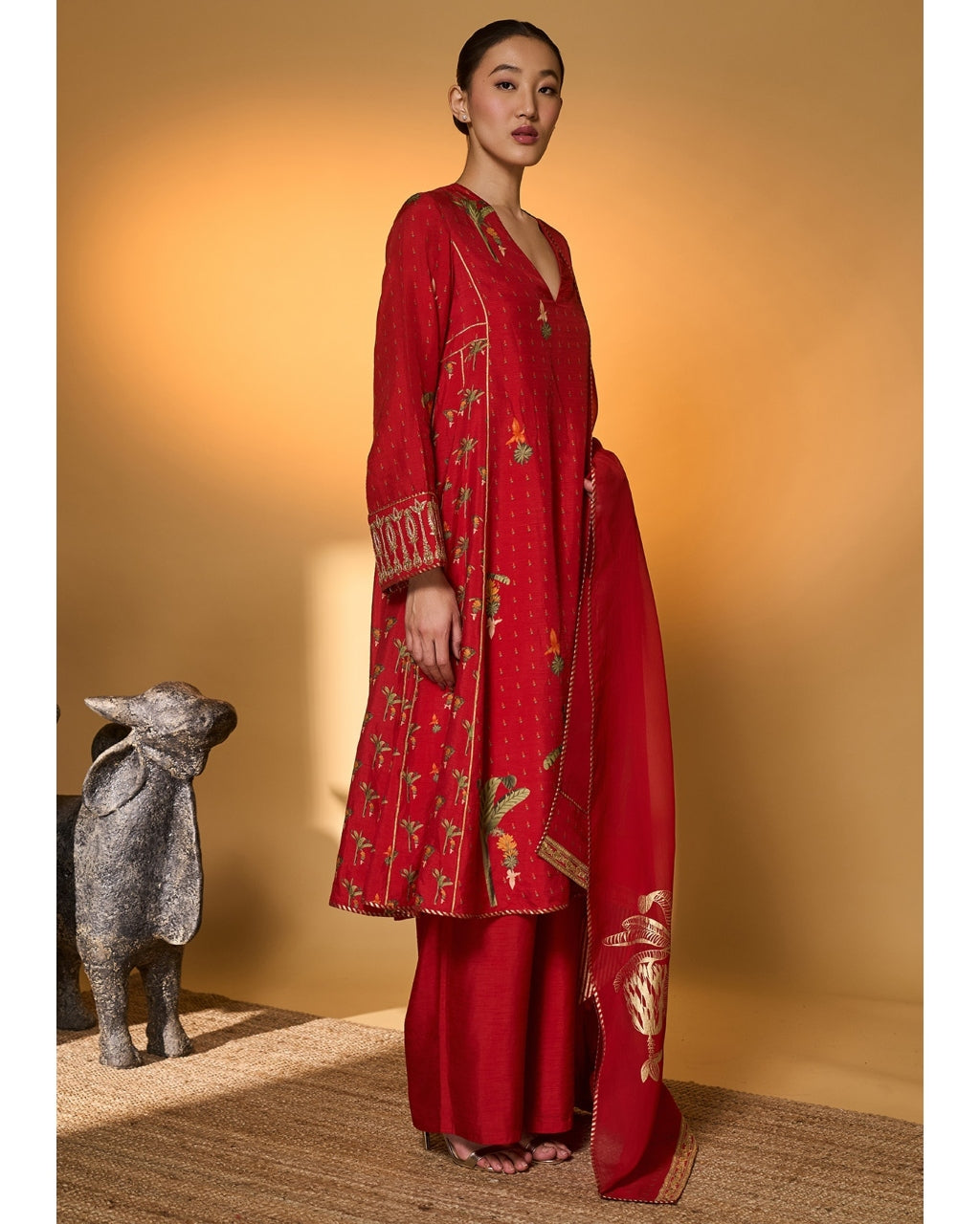 Red Tropical Anarkali Set