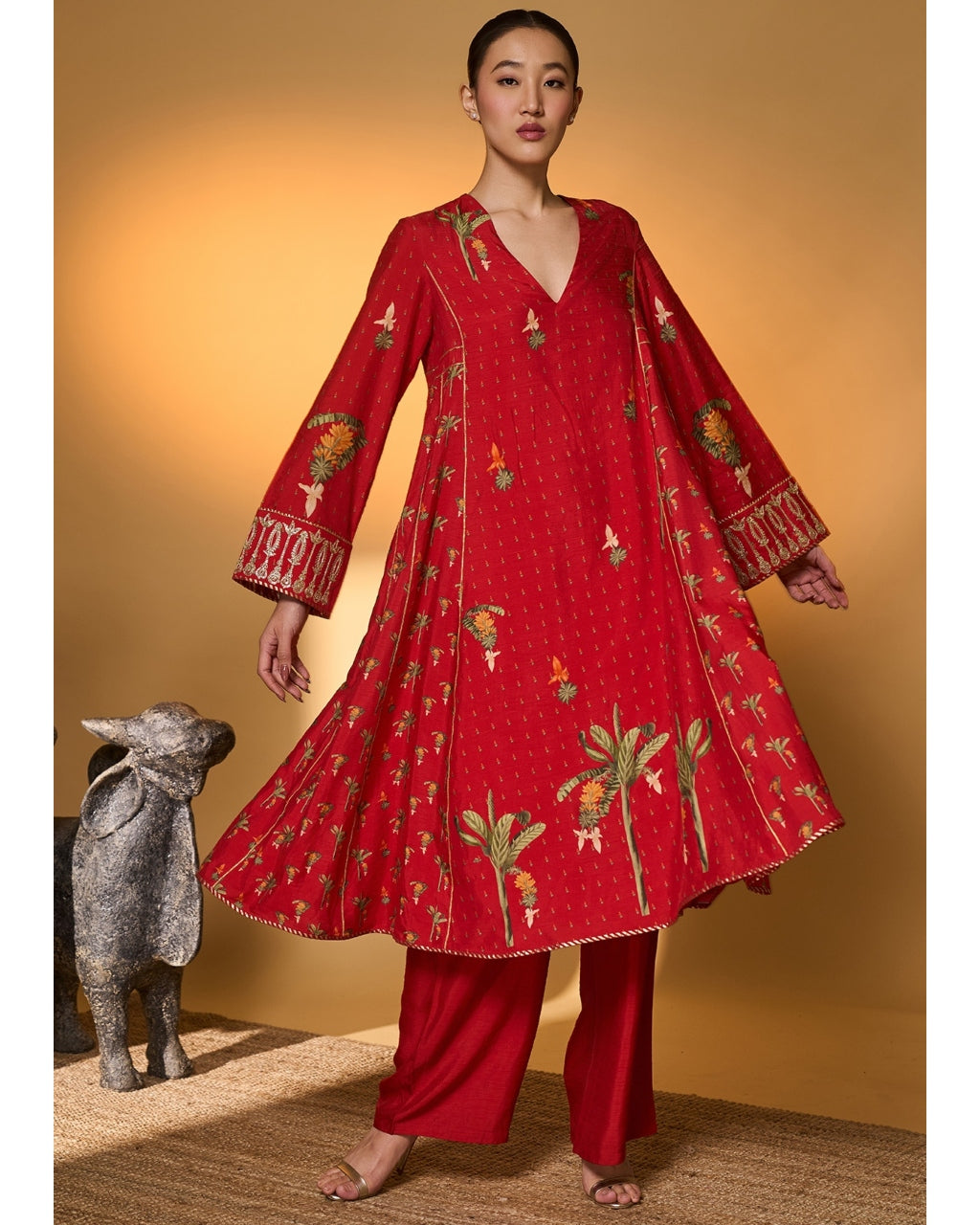Red Tropical Anarkali Set
