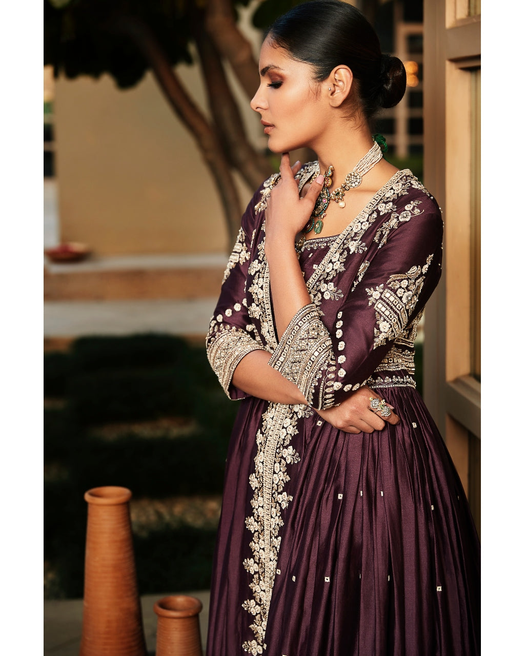 Rusted Wine Mogra Jacket Lehenga