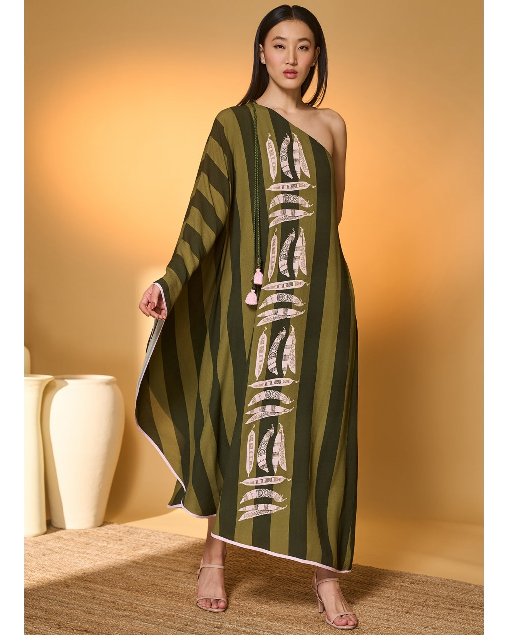 Green Totem Pod One Shoulder Kaftan
