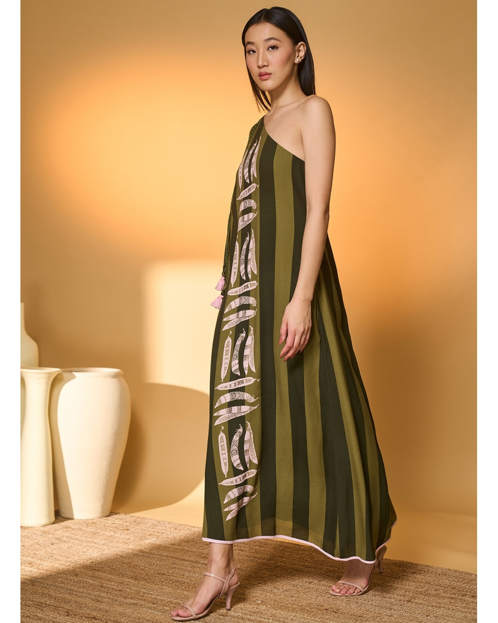 Green Totem Pod One Shoulder Kaftan