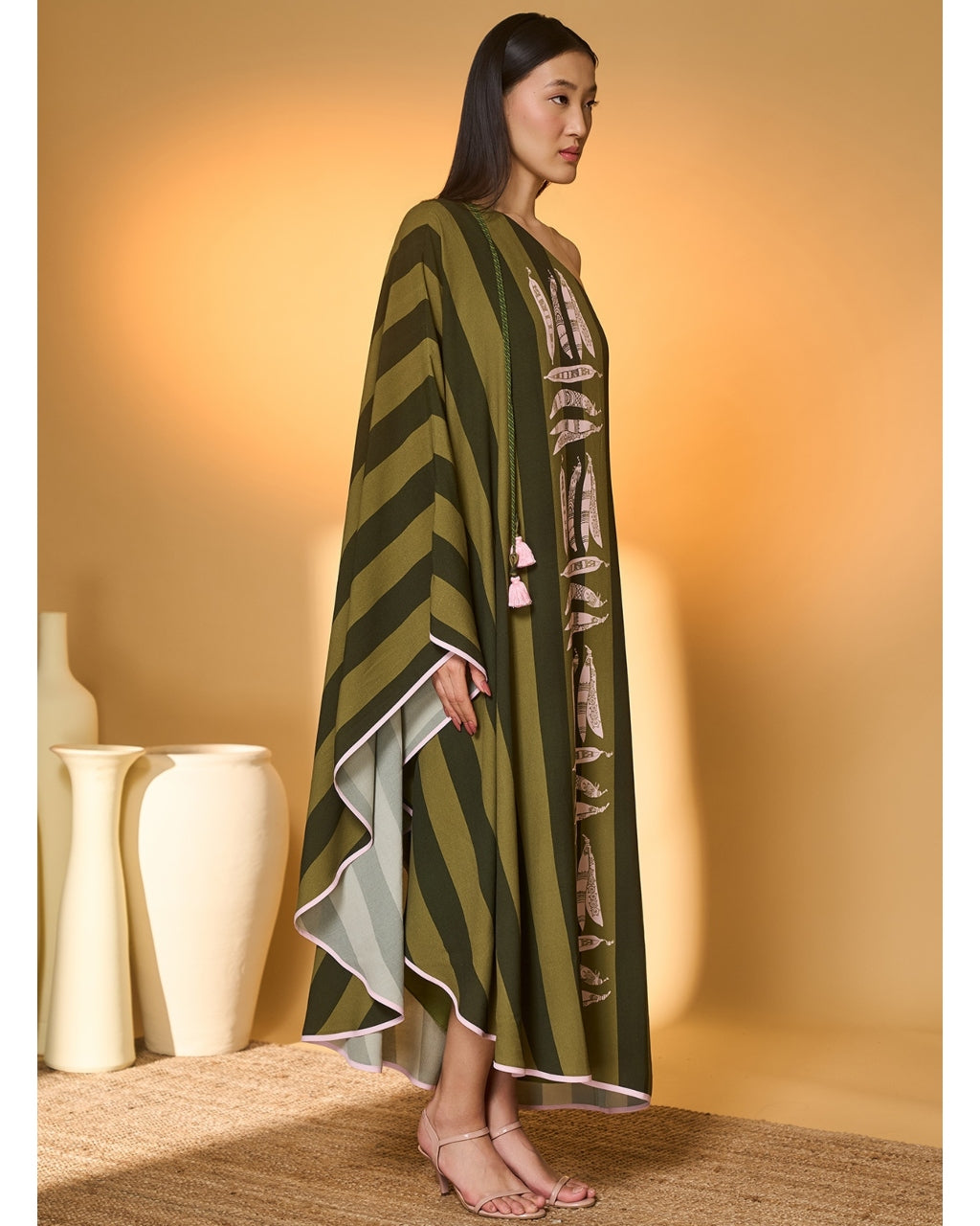 Green Totem Pod One Shoulder Kaftan