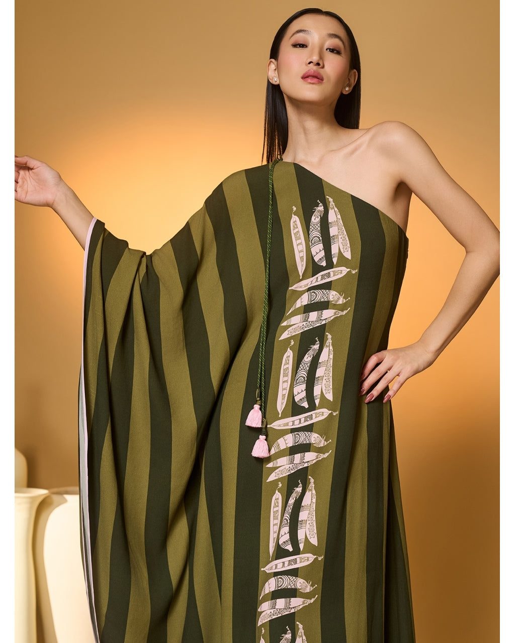 Green Totem Pod One Shoulder Kaftan