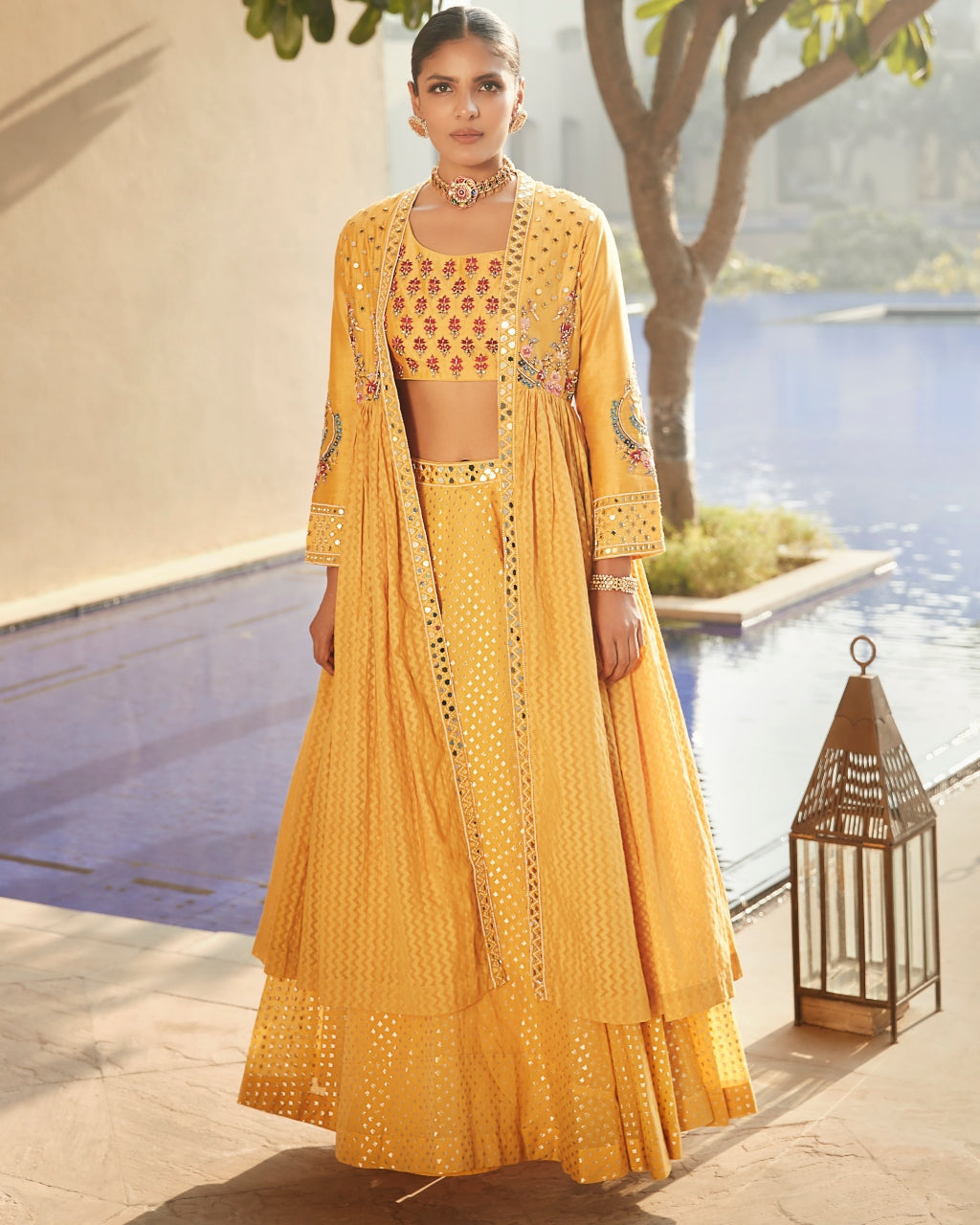 Haldi Yellow Venetian Tripitaka Lehenga Set