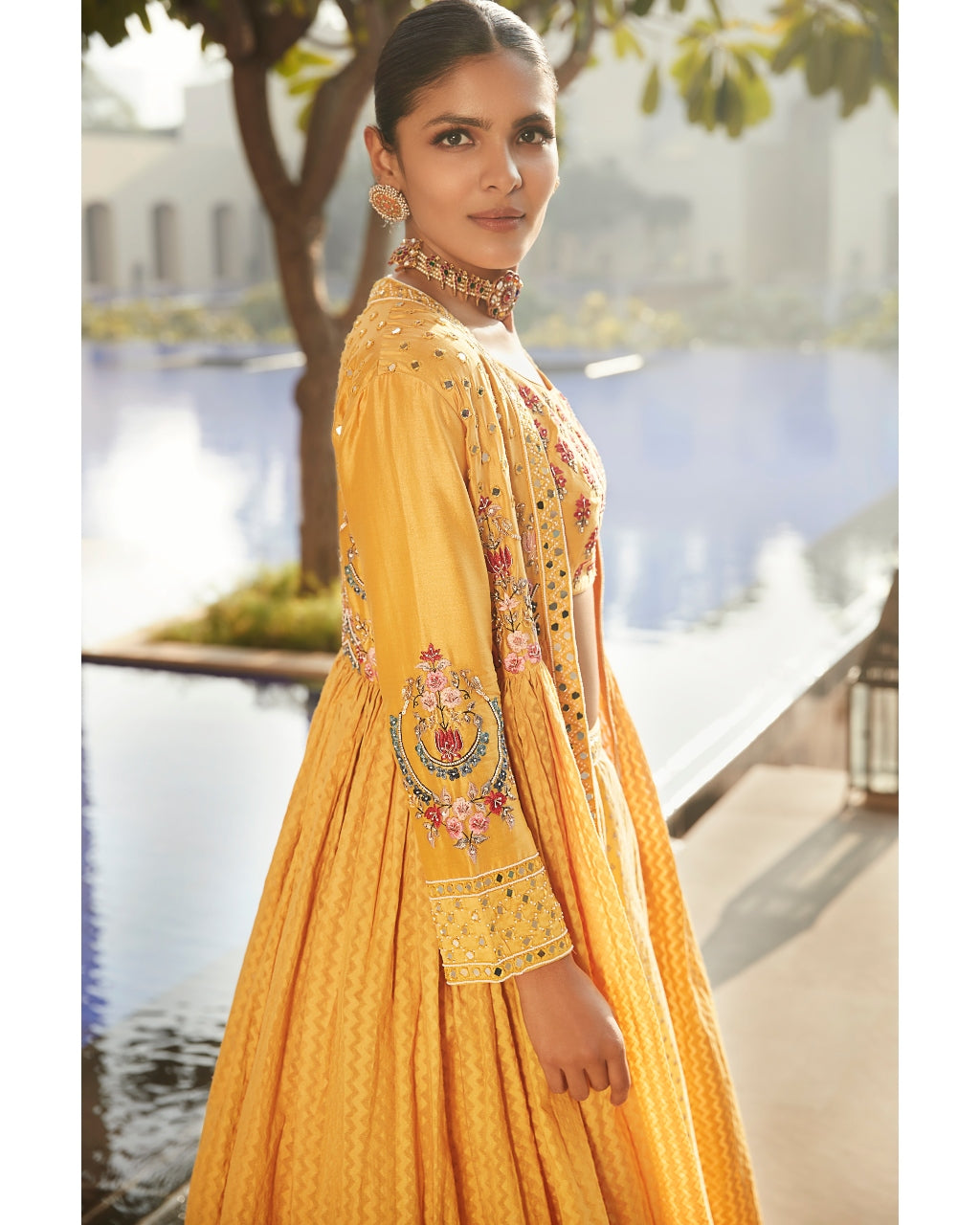 Haldi Yellow Venetian Tripitaka Lehenga Set