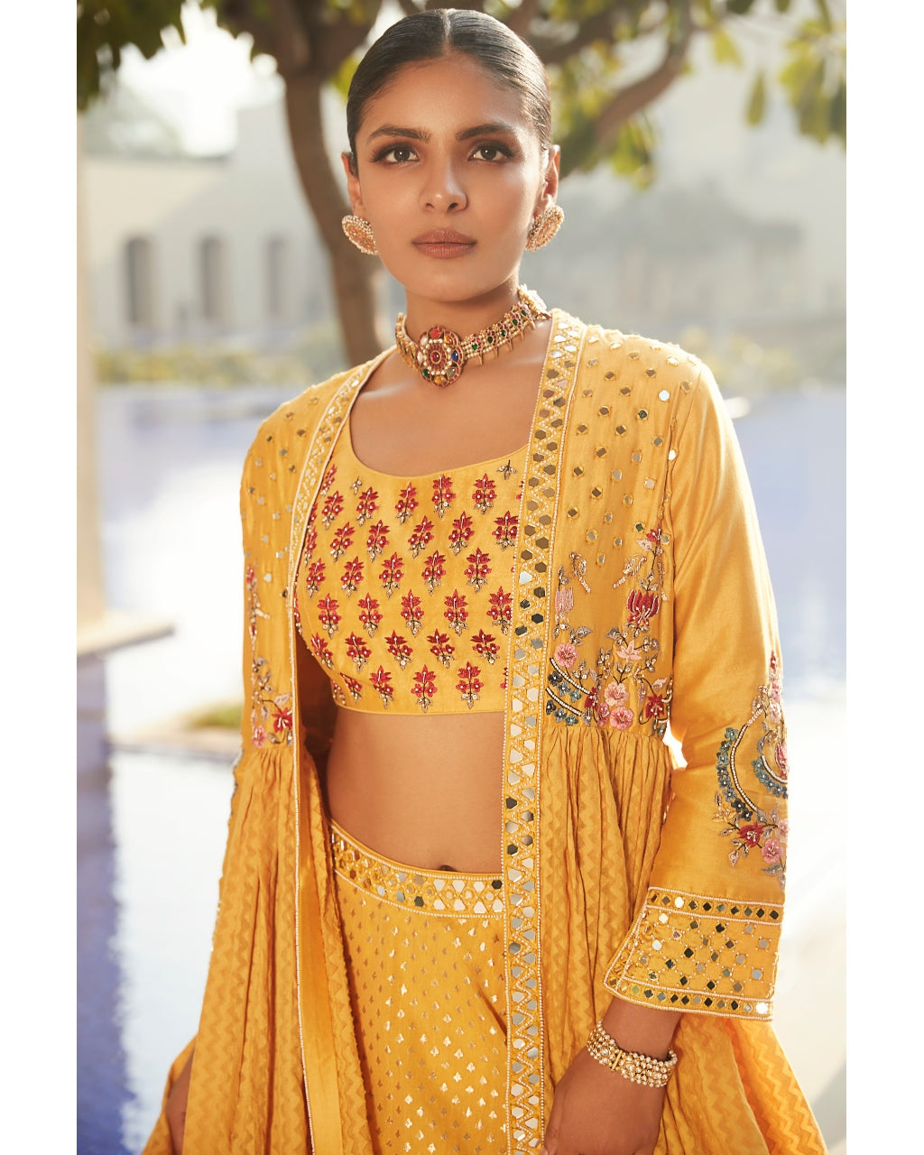 Haldi Yellow Venetian Tripitaka Lehenga Set