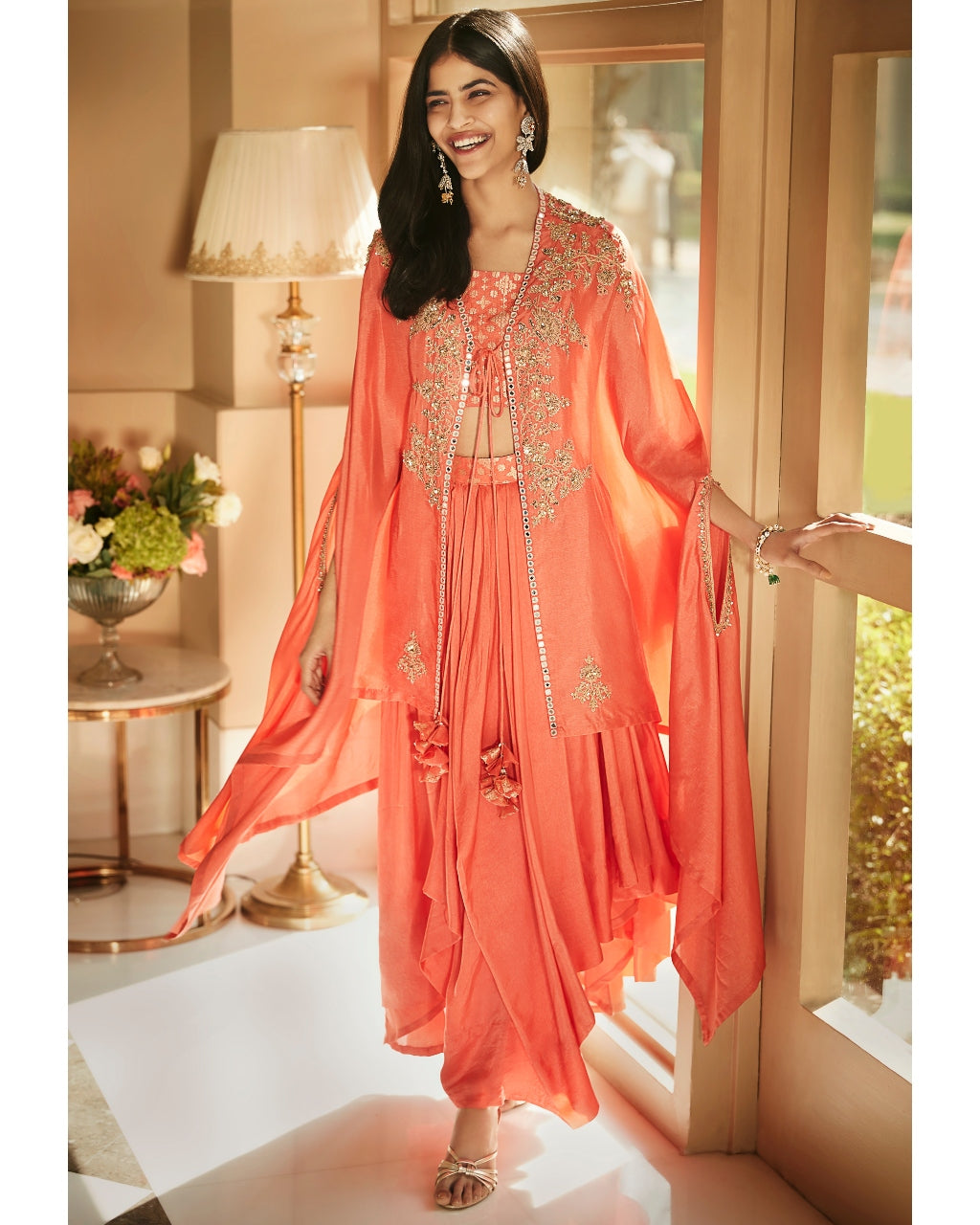 Hibiscus Coral Aurora Dhoti Cape Set