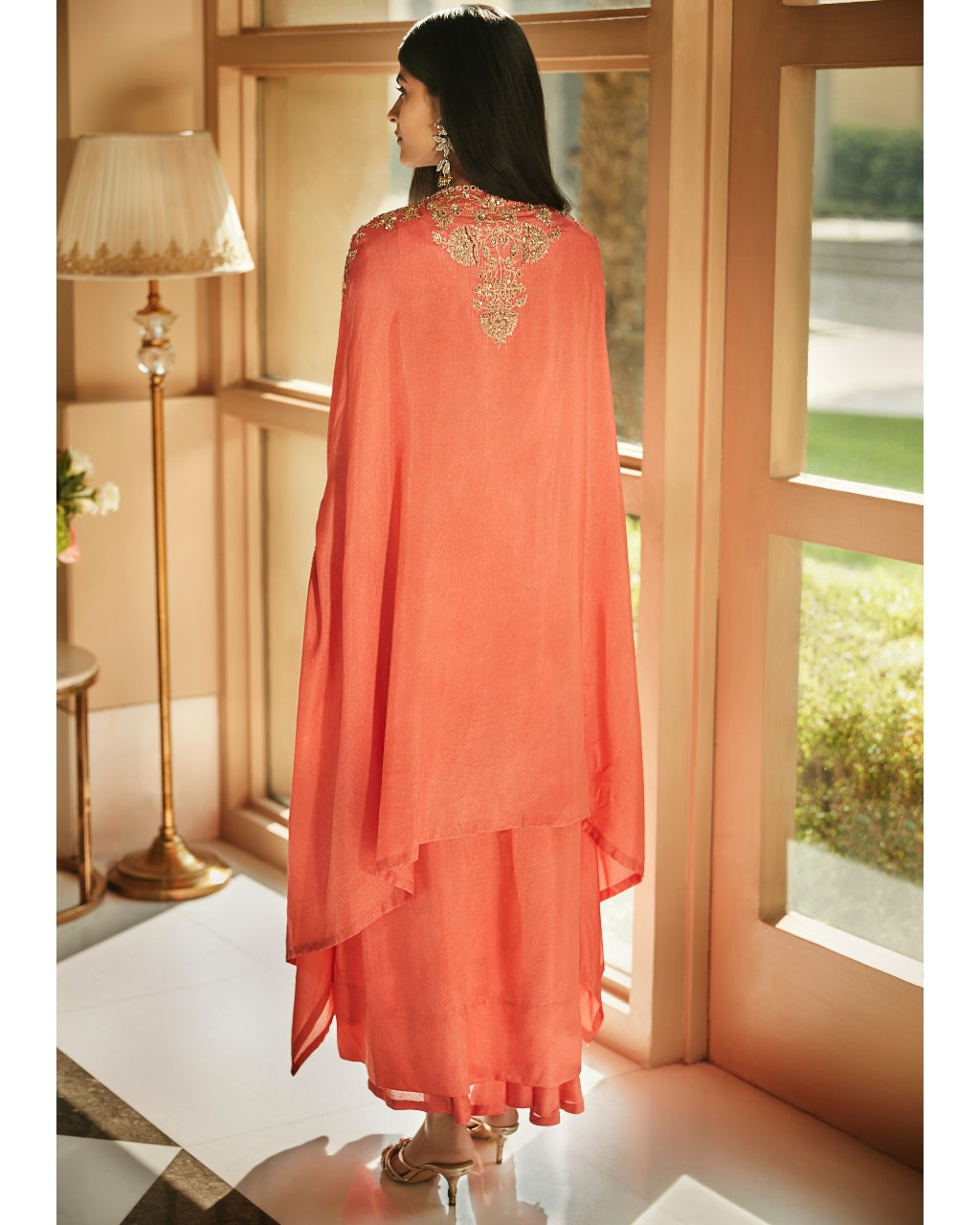 Hibiscus Coral Aurora Dhoti Cape Set