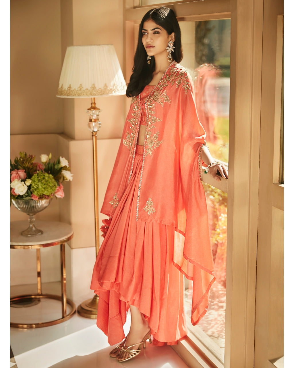 Hibiscus Coral Aurora Dhoti Cape Set