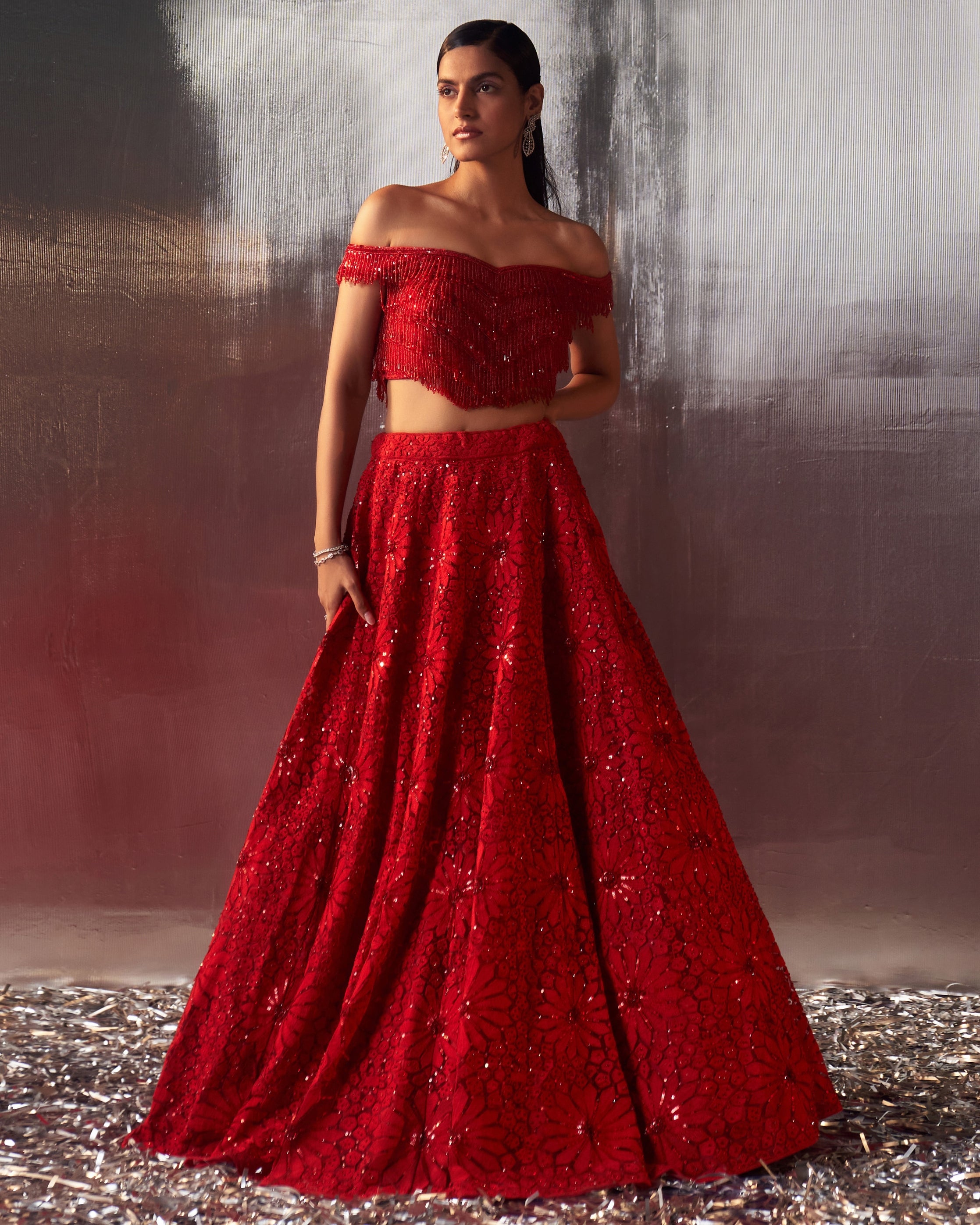 Red Net Lehenga Set