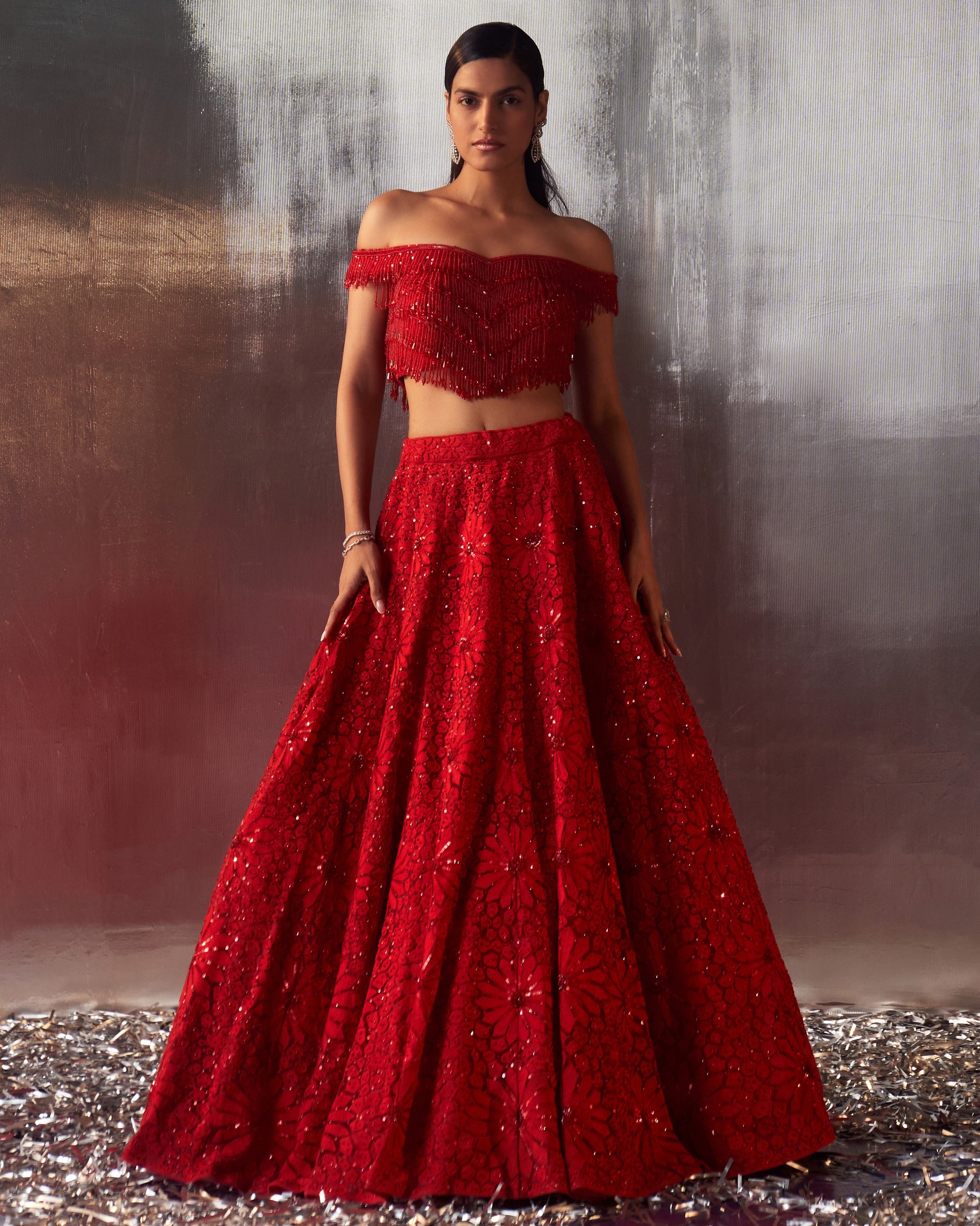 Red Net Lehenga Set