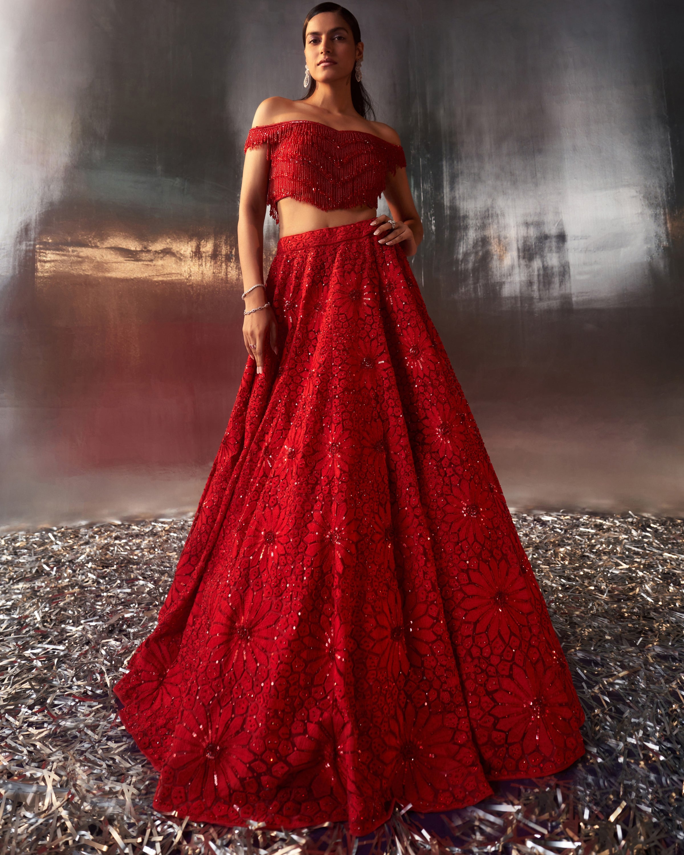 Red Net Lehenga Set