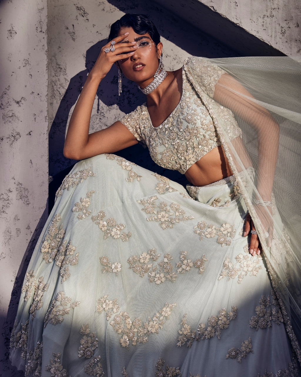 Sea Blue Tulle Embroidered Lehenga Set