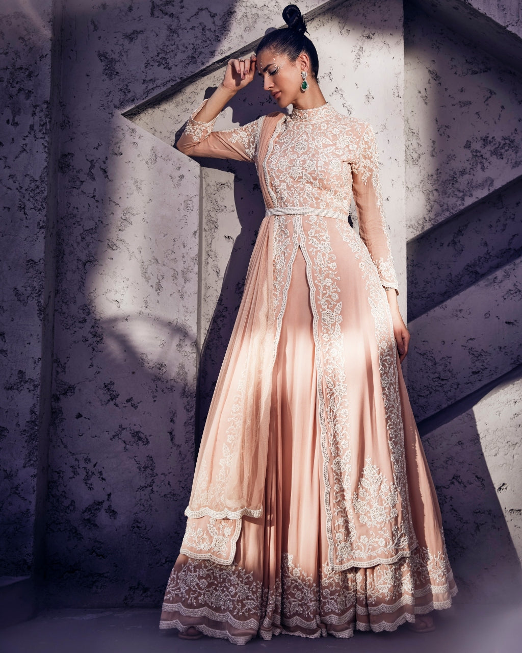 Pink Embroidered High Neck Long Jacket And Georgette Skirt Set