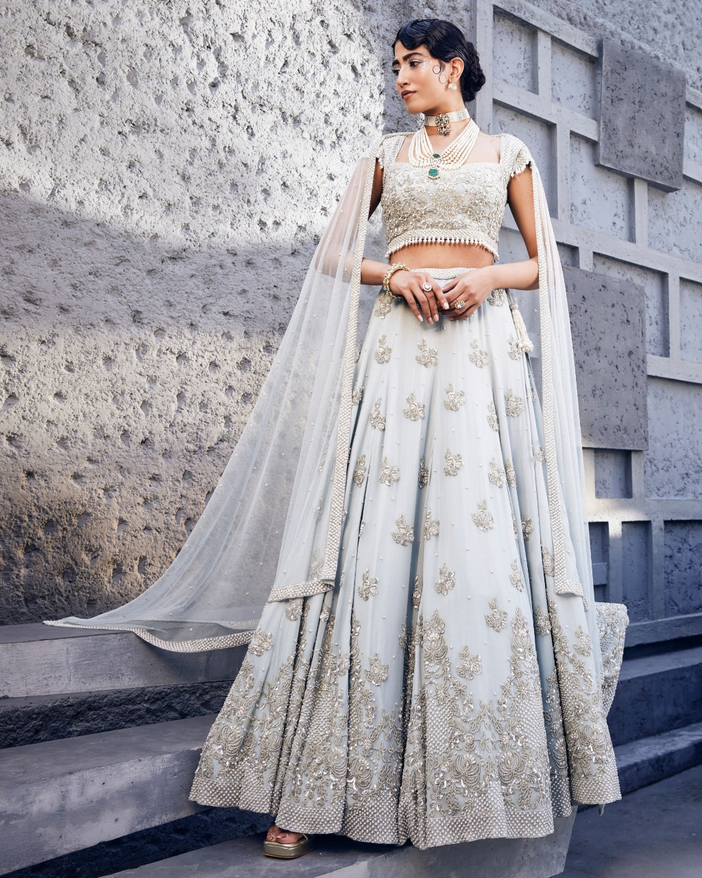 Sadqay Ice Blue Embroidered Lehenga Set