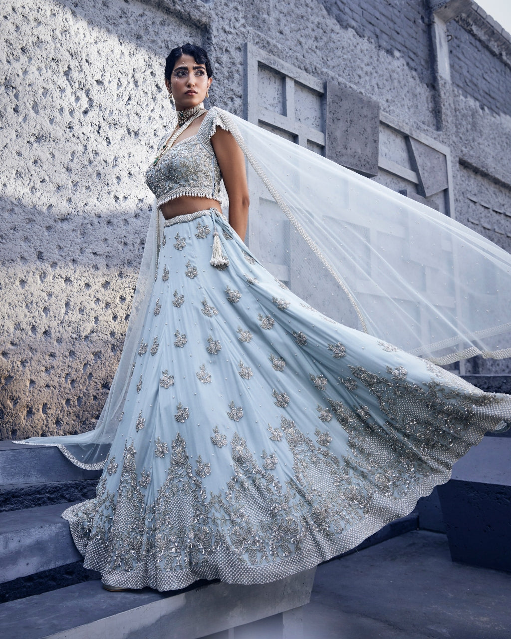 Sadqay Ice Blue Embroidered Lehenga Set