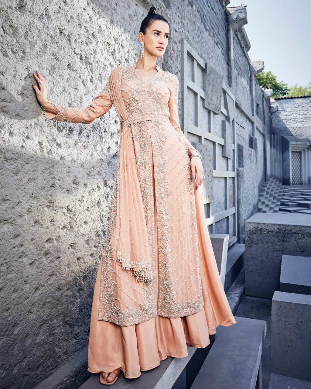 Pink Heavily Embroidered Long Jacket And Skirt Set