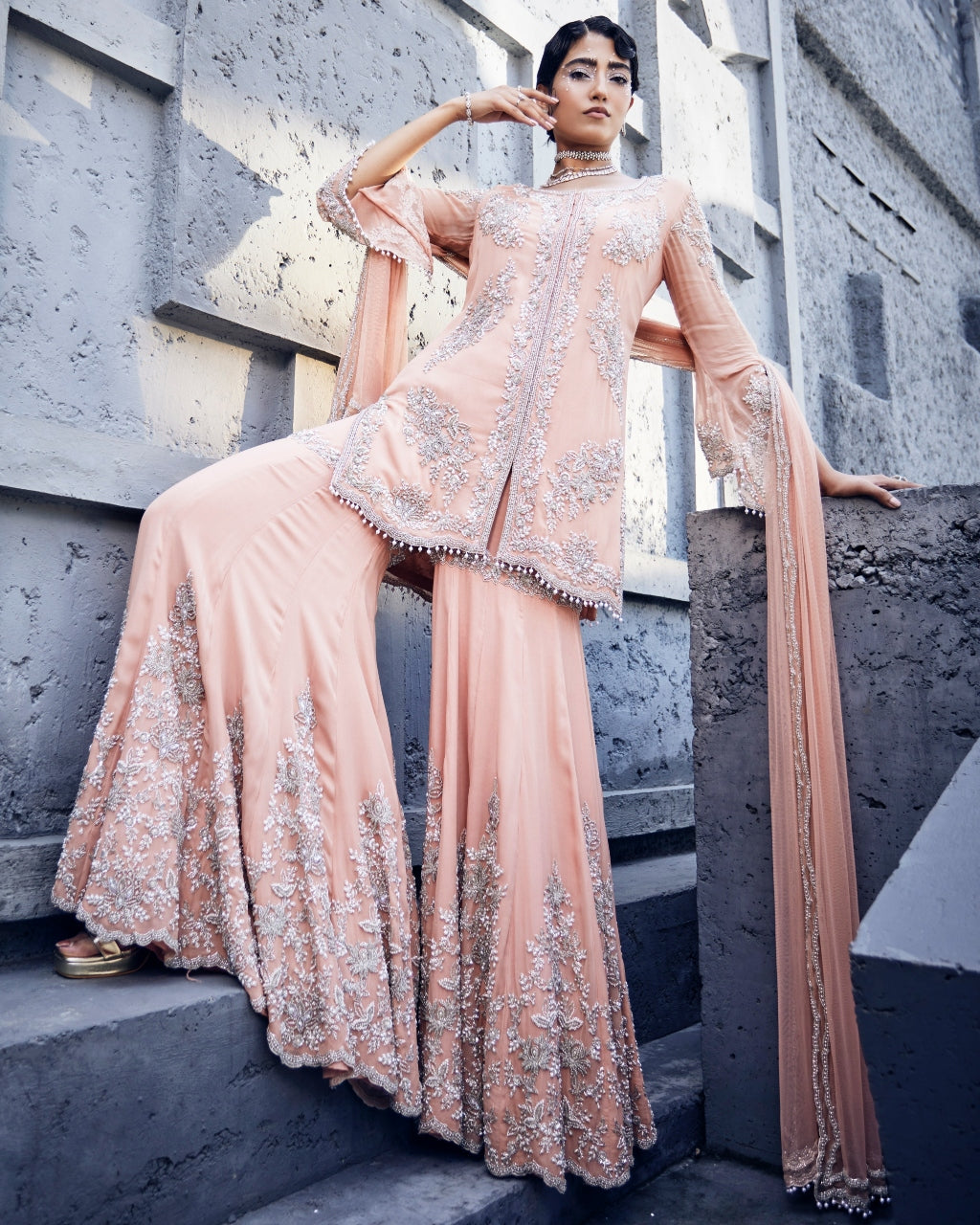 Pink Embroidered Jacket And Sharara Set