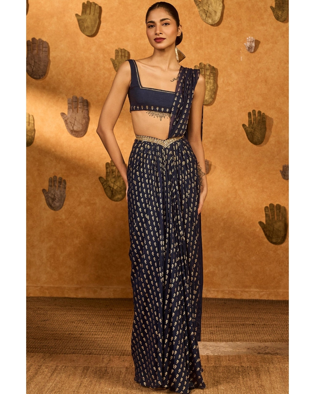 Navy Blue Snow Light Stitched Sari