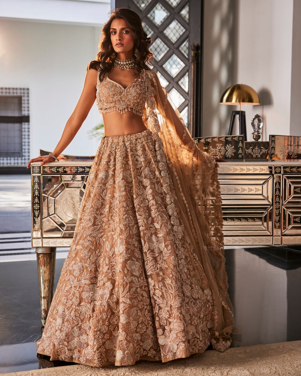 Gold Embroidered Organza Lehenga Set