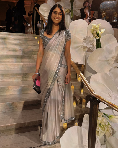 Crystal Grey Satin Sari Set