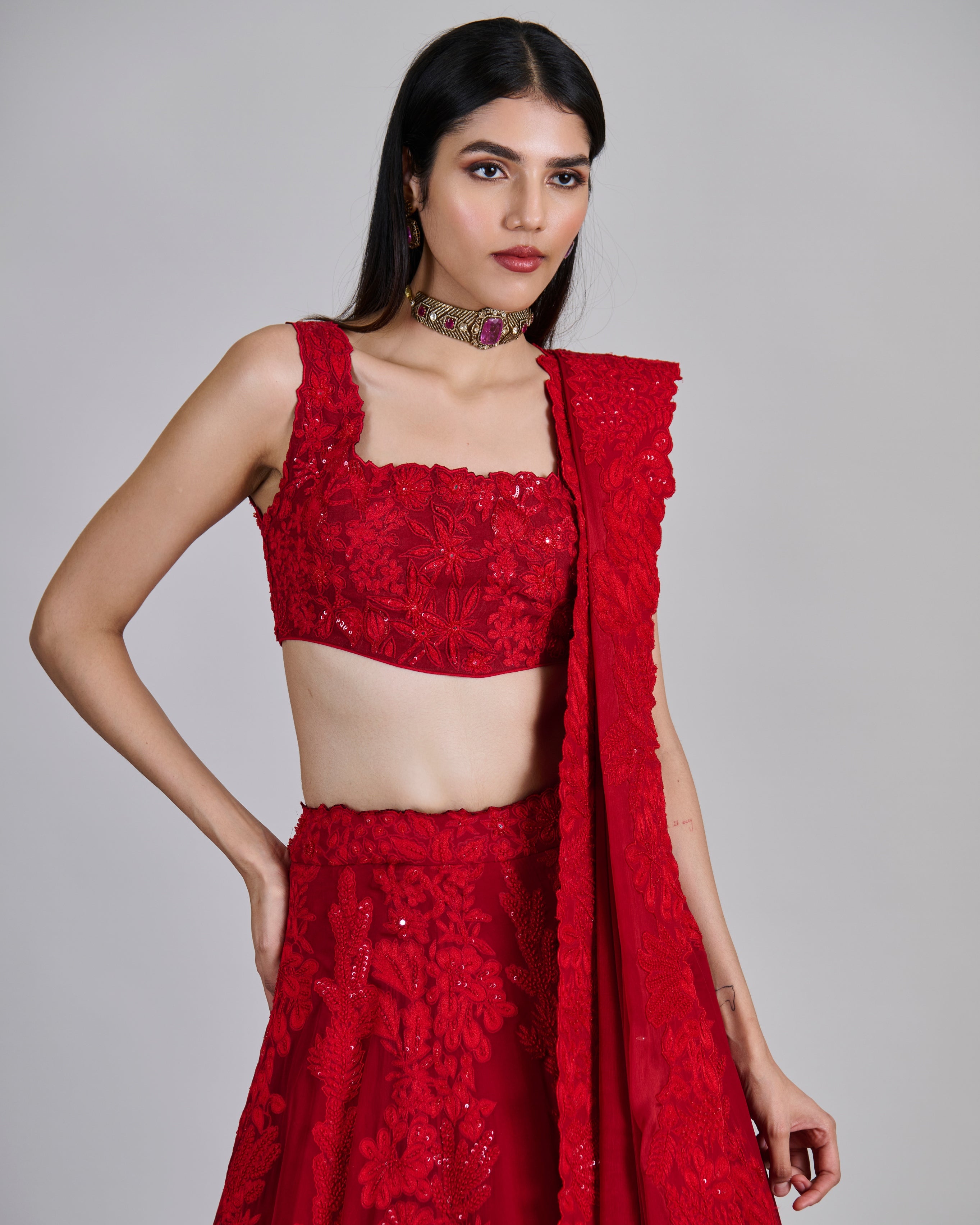 Red Roselle Lehenga Set