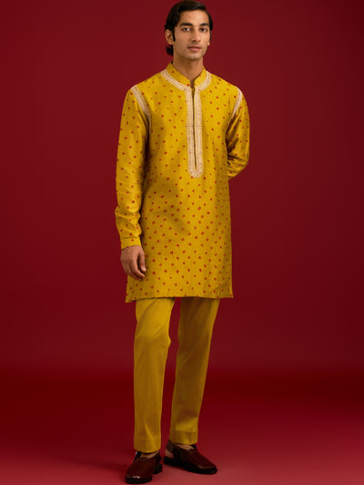Mustard Bandhej Sequins And Dori Embroidered Kurta Set