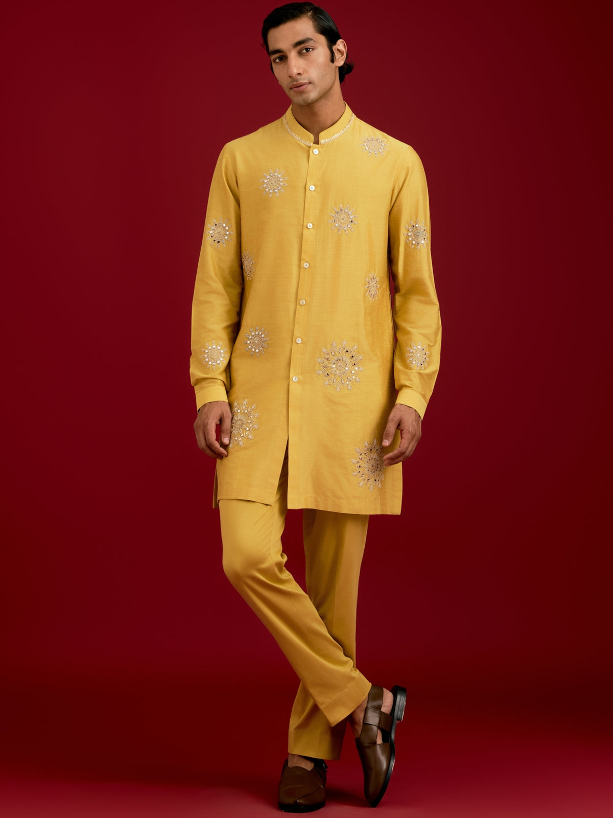 Mustard Cotton Silk Blend Dori, Sequins And Mirror Work Kurta Set