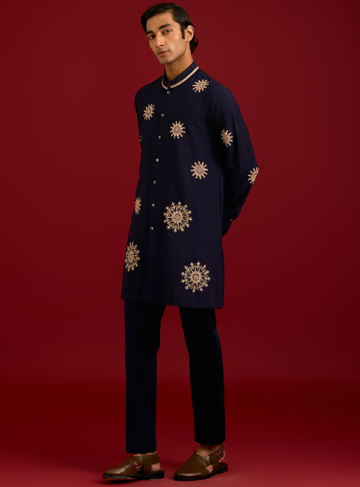 Navy Cotton Silk Blend Sequins And Mirror Work Kurta Set