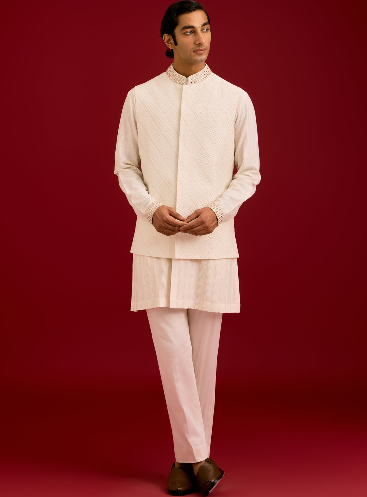 Ivory Cotton Silk Blend Mirror Work Bandi Set