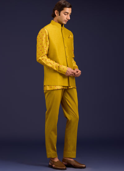 Mustard Chanderi Bandhej And Linen Satin Bandi Set