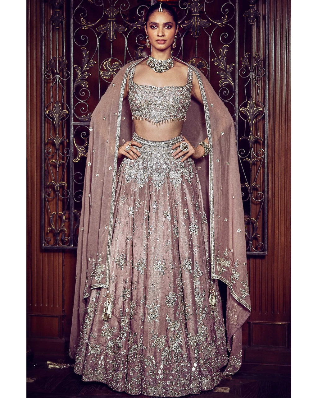 French Rose Aurum Tissue Lehenga Set