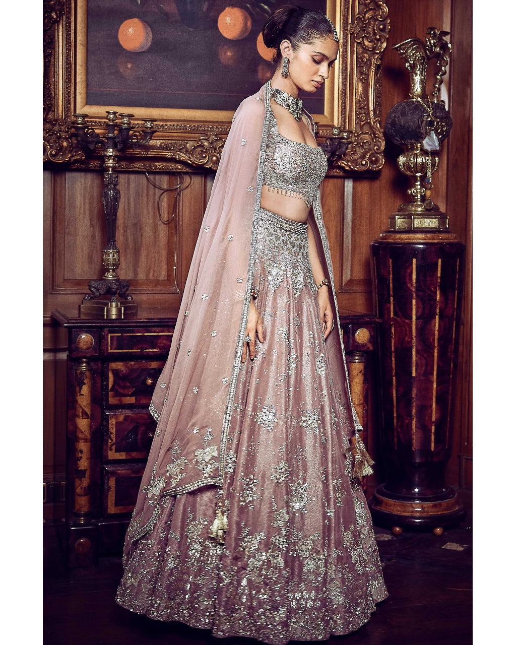 French Rose Aurum Tissue Lehenga Set