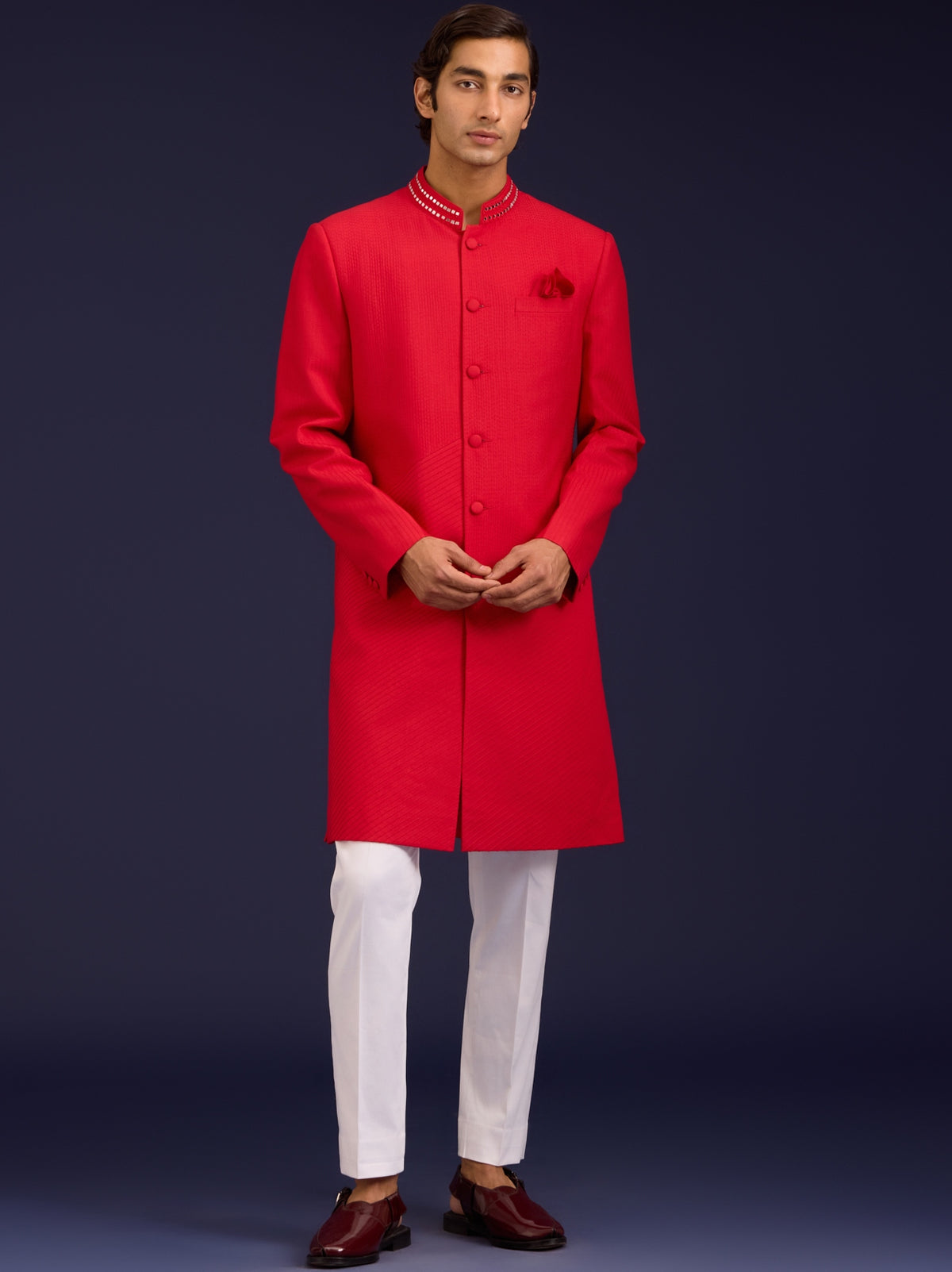 Red Cotton Silk Mirror Work Sherwani Set
