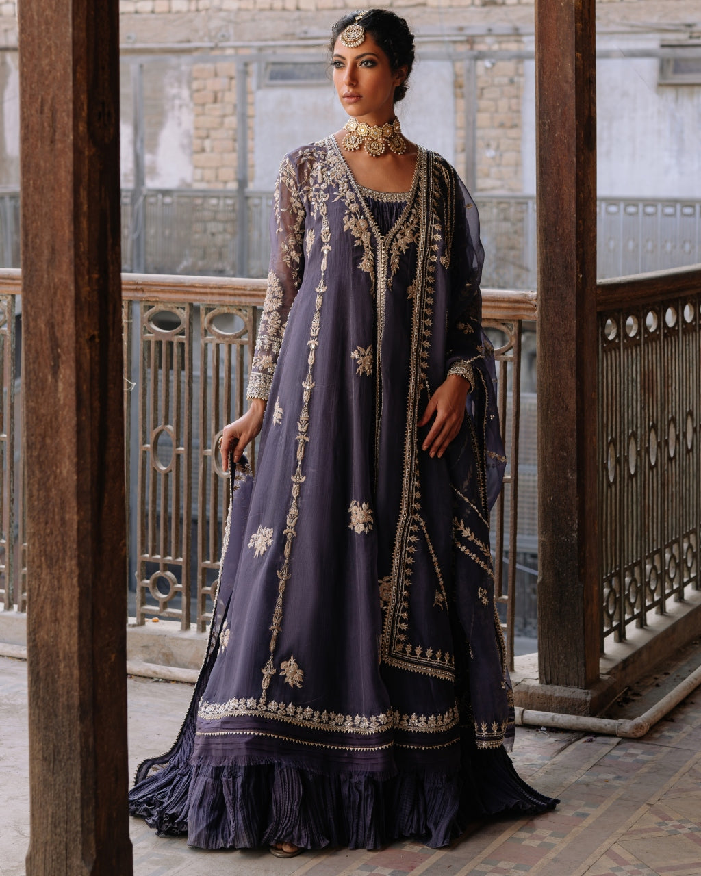 Dark Stale Blue Kalidar Anarkali Set