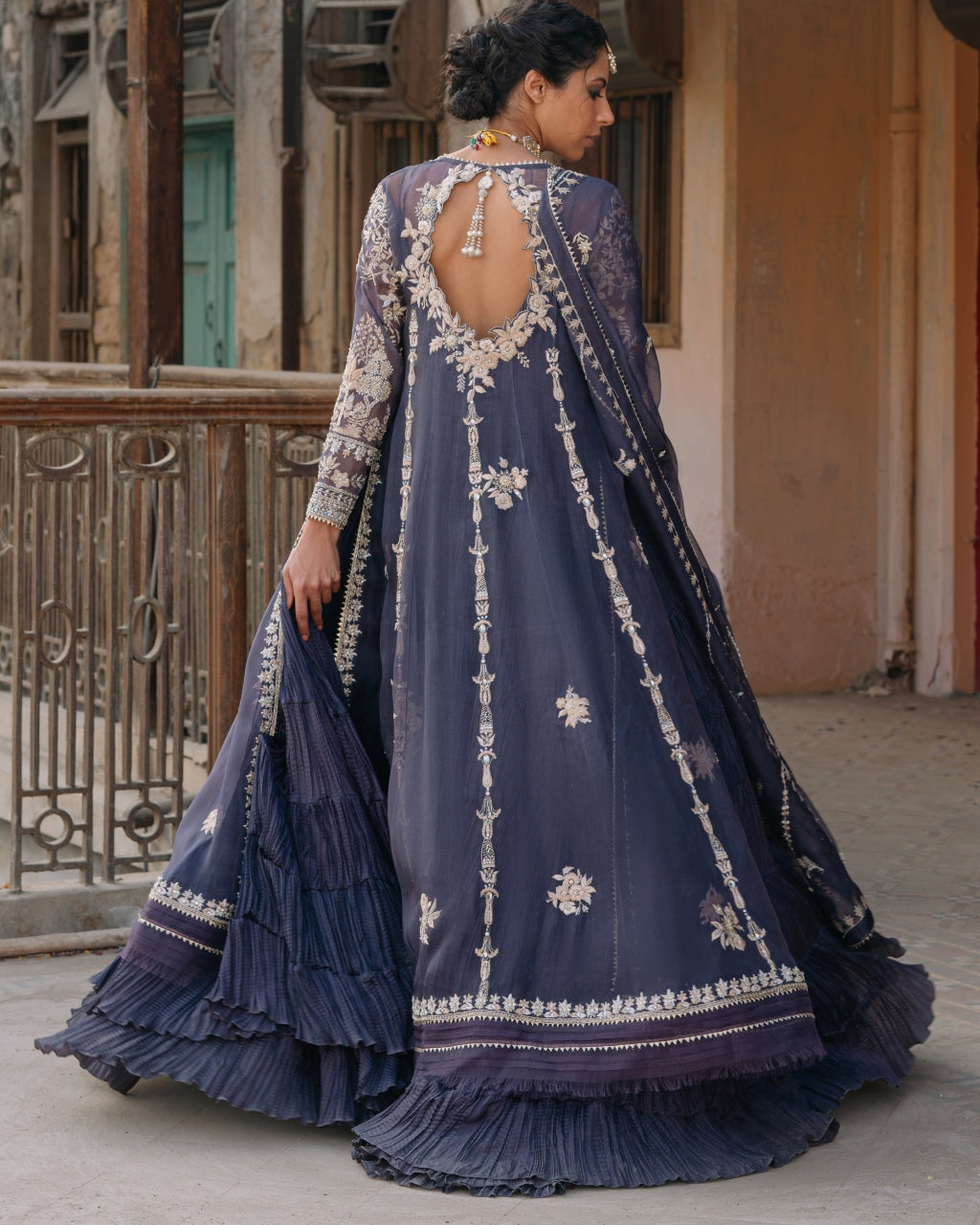 Dark Stale Blue Kalidar Anarkali Set