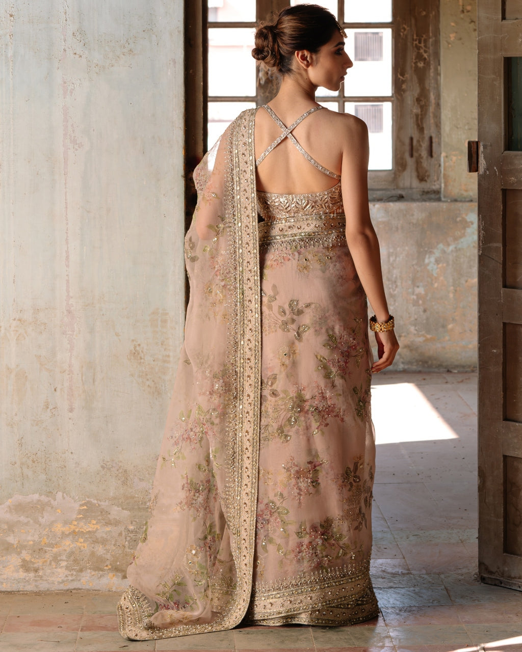 Nude Printed Organza Sari set