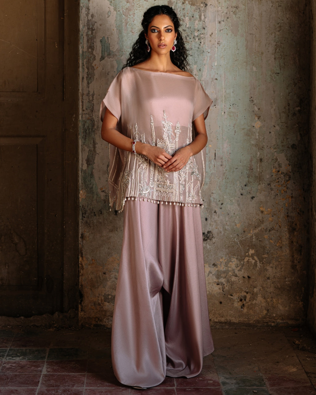 Powder Pink Off-Shoulder Cape Set