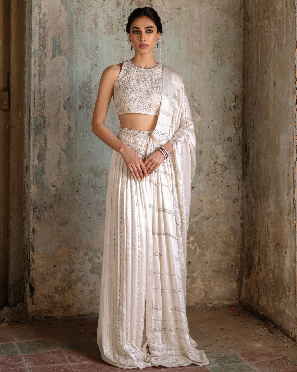Ivory Satin Silk Drape Sari Set