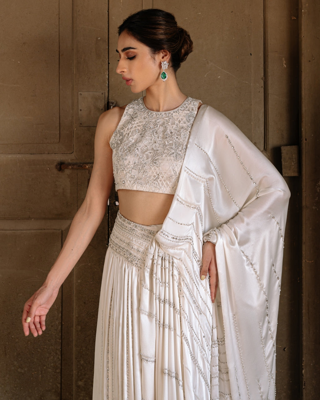 Ivory Satin Silk Drape Sari Set