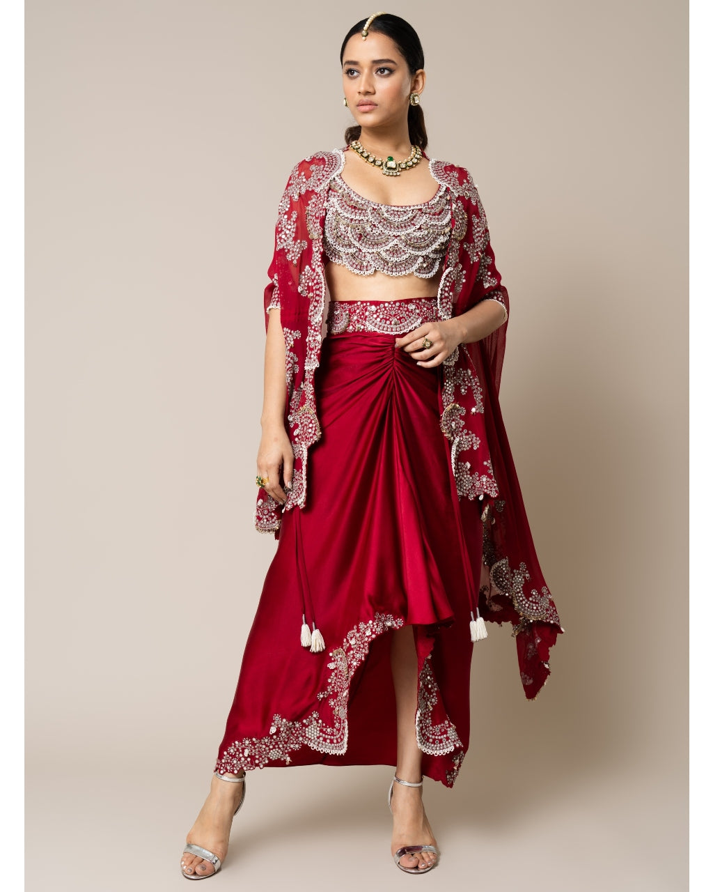 Burgundy Cape With Blouse & Skirt Set