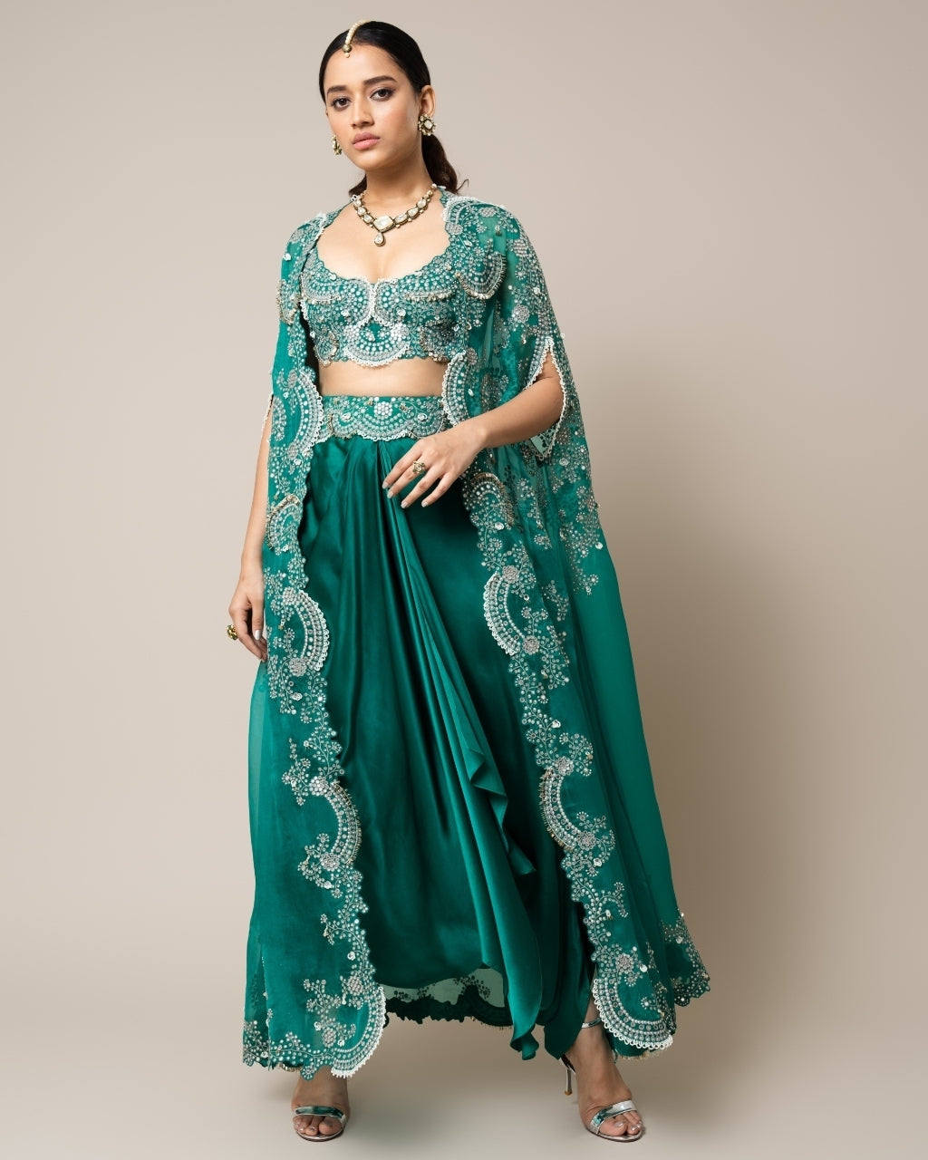 Sea Green Shoulder Gather Cape With Blouse & Skirt Set