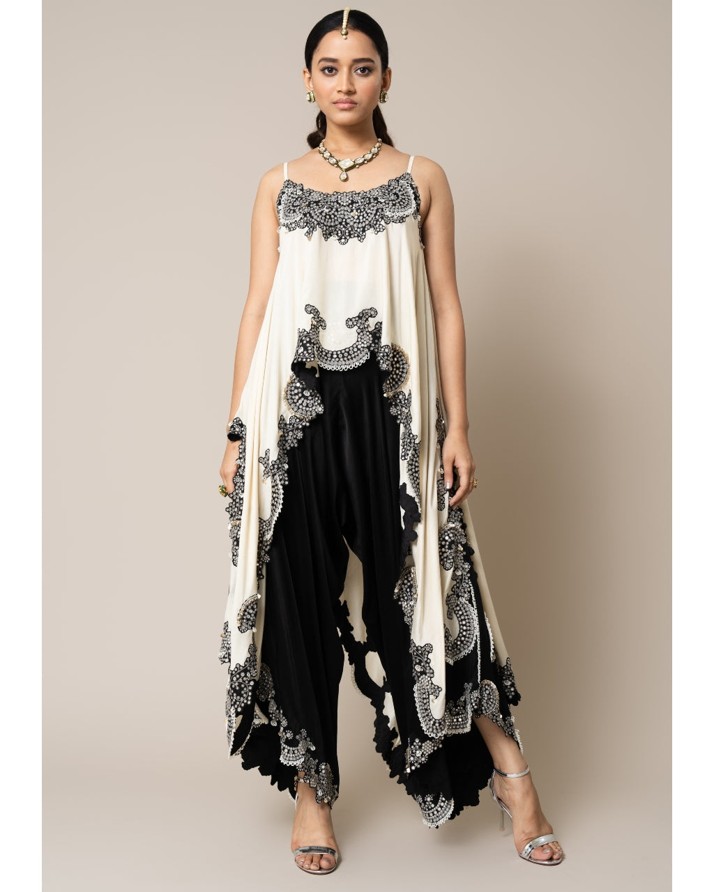 Off White Embroidered Top & Drape Pants Set